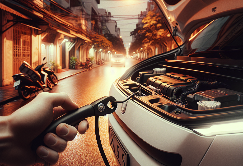 Một người đang dùng tay kéo sợi dây cáp mở cổng sạc khẩn cấp bên trong cốp trước của một chiếc xe điện màu trắng.