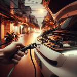 Một người đang dùng tay kéo sợi dây cáp mở cổng sạc khẩn cấp bên trong cốp trước của một chiếc xe điện màu trắng.