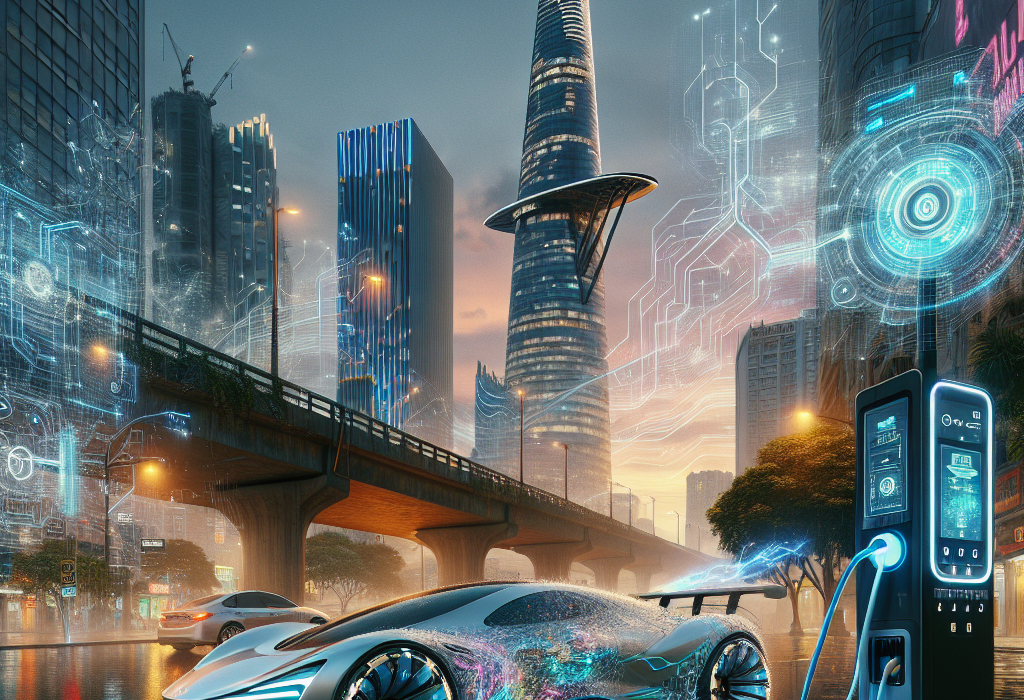 Một chiếc xe điện đang được sạc tại trạm sạc thông minh với các biểu tượng AI và dữ liệu xung quanh.
