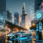 Một chiếc xe điện đang được sạc tại trạm sạc thông minh với các biểu tượng AI và dữ liệu xung quanh.