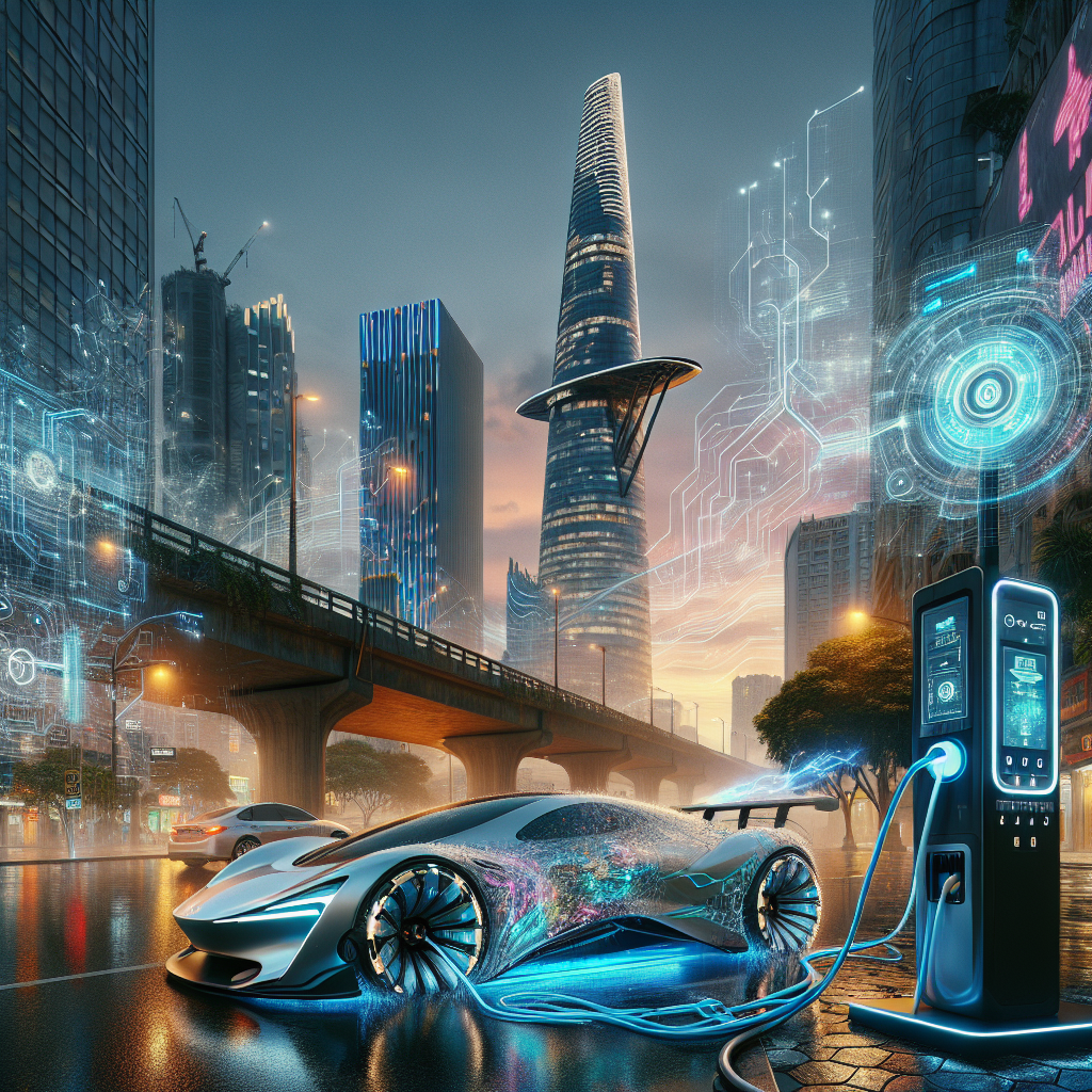 Một chiếc xe điện đang được sạc tại trạm sạc thông minh với các biểu tượng AI và dữ liệu xung quanh.
