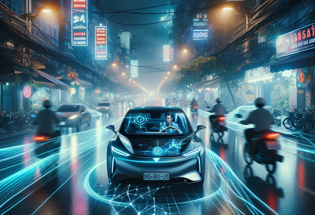 Vô lăng của một chiếc xe hơi hiện đại, với màn hình hiển thị dữ liệu kỹ thuật số phía sau và màn hình cảm ứng trung tâm lớn.