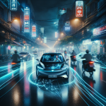 Vô lăng của một chiếc xe hơi hiện đại, với màn hình hiển thị dữ liệu kỹ thuật số phía sau và màn hình cảm ứng trung tâm lớn.