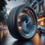 Cận cảnh mặt cắt của một chiếc lốp xe điện có lớp foam chống ồn màu xám dán bên trong.