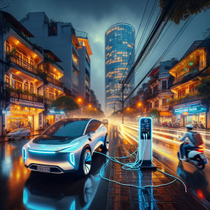 Một chiếc xe điện VinFast đang sạc tại trạm sạc công cộng ở Việt Nam, với nền là một thành phố hiện đại.