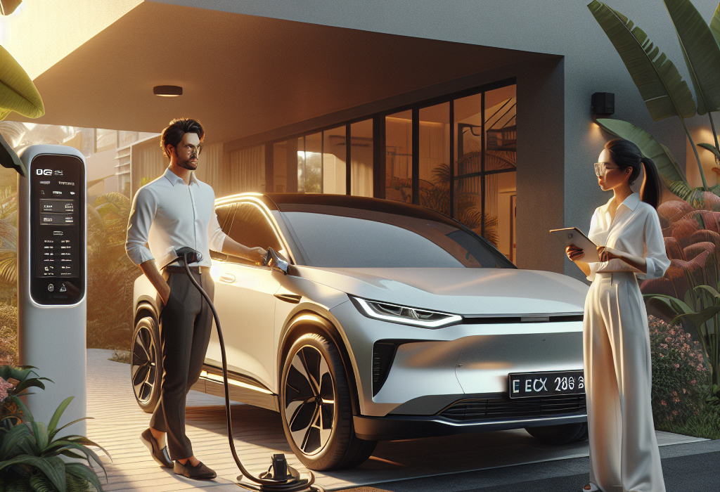 Một người đang cắm sạc cho chiếc xe điện màu trắng hiện đại tại trạm sạc công cộng.