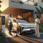 Một người đang cắm sạc cho chiếc xe điện màu trắng hiện đại tại trạm sạc công cộng.