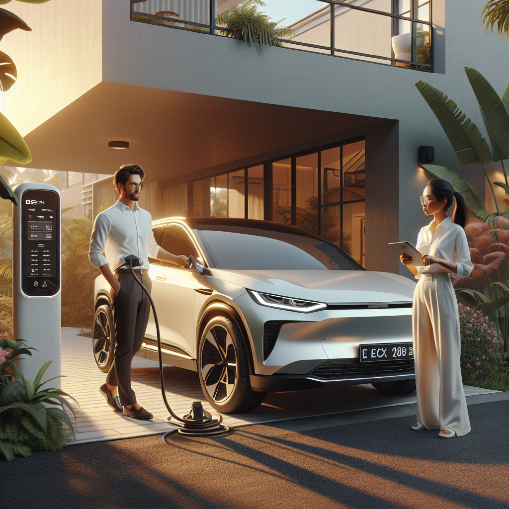 Một người đang cắm sạc cho chiếc xe điện màu trắng hiện đại tại trạm sạc công cộng.