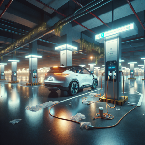 Một chiếc xe điện VinFast VF 8 màu trắng đang cắm sạc tại trạm sạc công cộng của VinFast.