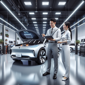 Kỹ thuật viên đang kiểm tra hệ thống pin trên một chiếc xe điện hiện đại trong xưởng dịch vụ.