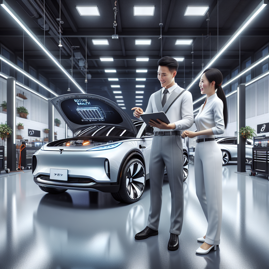 Kỹ thuật viên đang kiểm tra hệ thống pin trên một chiếc xe điện hiện đại trong xưởng dịch vụ.