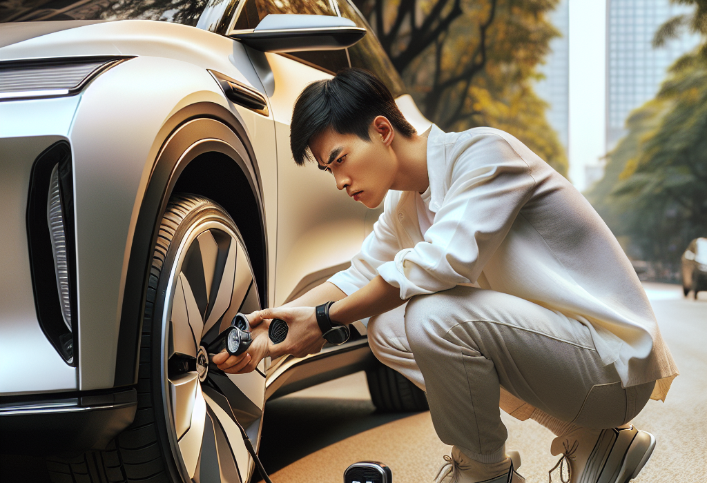 Một người đang dùng đồng hồ đo áp suất kỹ thuật số để kiểm tra lốp của một chiếc xe điện màu xanh.