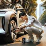 Một người đang dùng đồng hồ đo áp suất kỹ thuật số để kiểm tra lốp của một chiếc xe điện màu xanh.