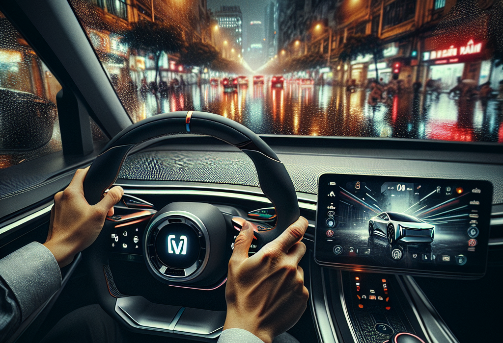 Một người đang thực hiện soft reset trên vô lăng xe điện với màn hình trung tâm bị treo.