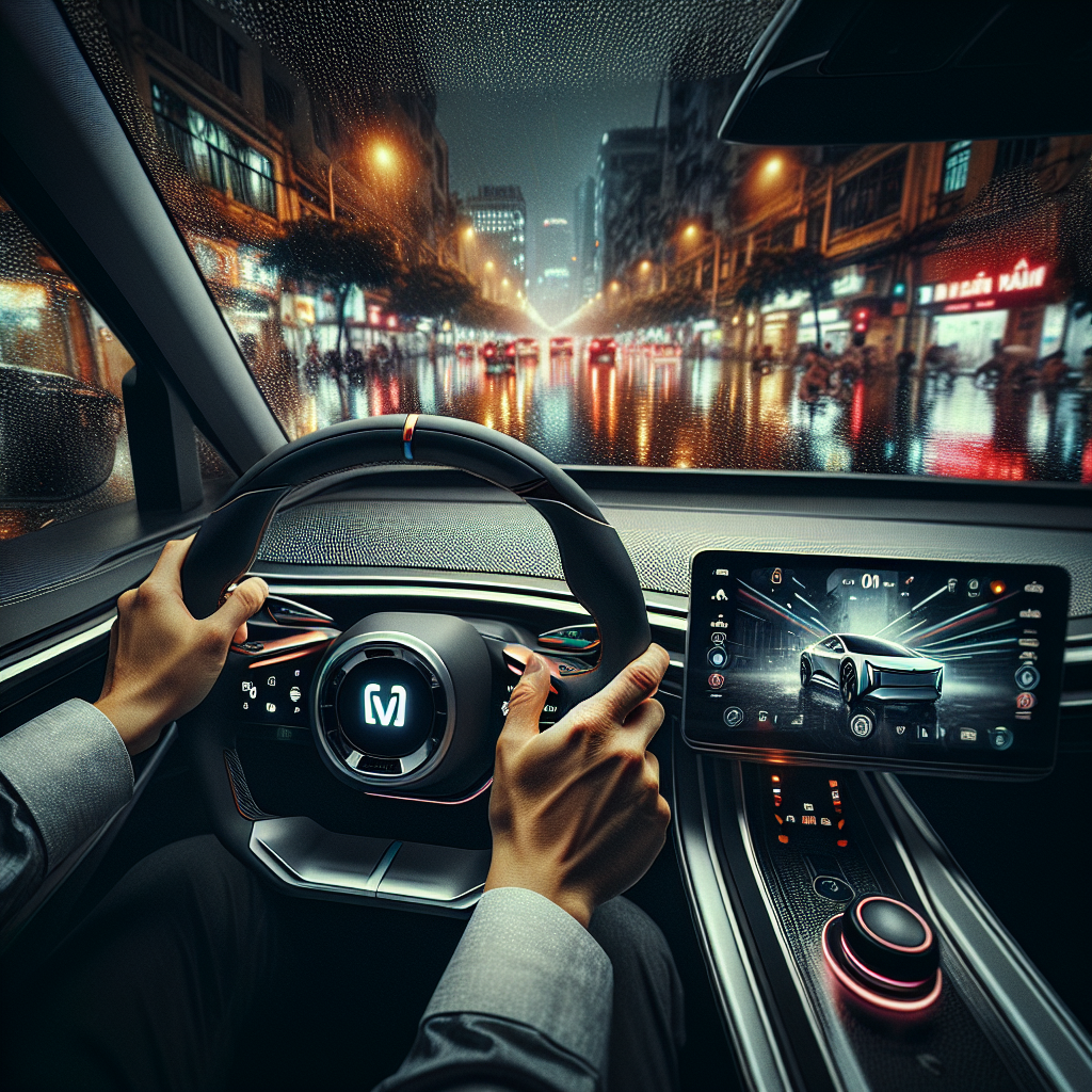 Một người đang thực hiện soft reset trên vô lăng xe điện với màn hình trung tâm bị treo.