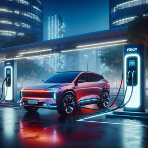 Một chiếc VinFast VF 8 màu trắng đang cắm sạc tại trạm sạc nhanh DC công cộng.