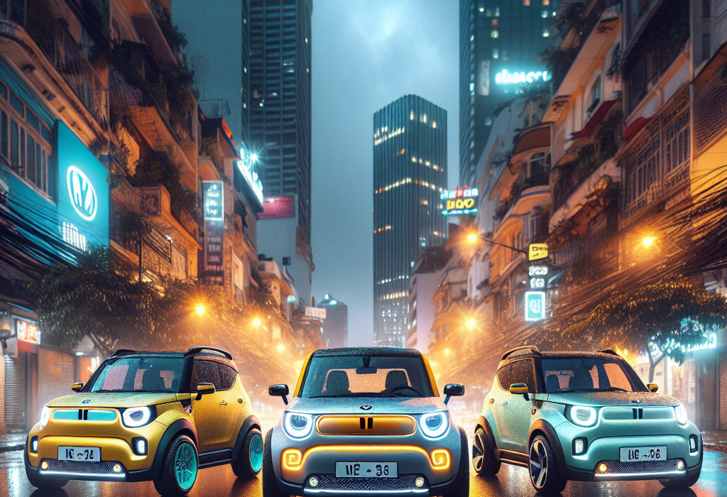 Ảnh ghép ba mẫu xe điện mini: VinFast VF 3 màu xanh, Wuling Bingo màu hồng và BYD Seagull màu vàng chanh.