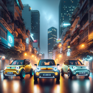 Ảnh ghép ba mẫu xe điện mini: VinFast VF 3 màu xanh, Wuling Bingo màu hồng và BYD Seagull màu vàng chanh.