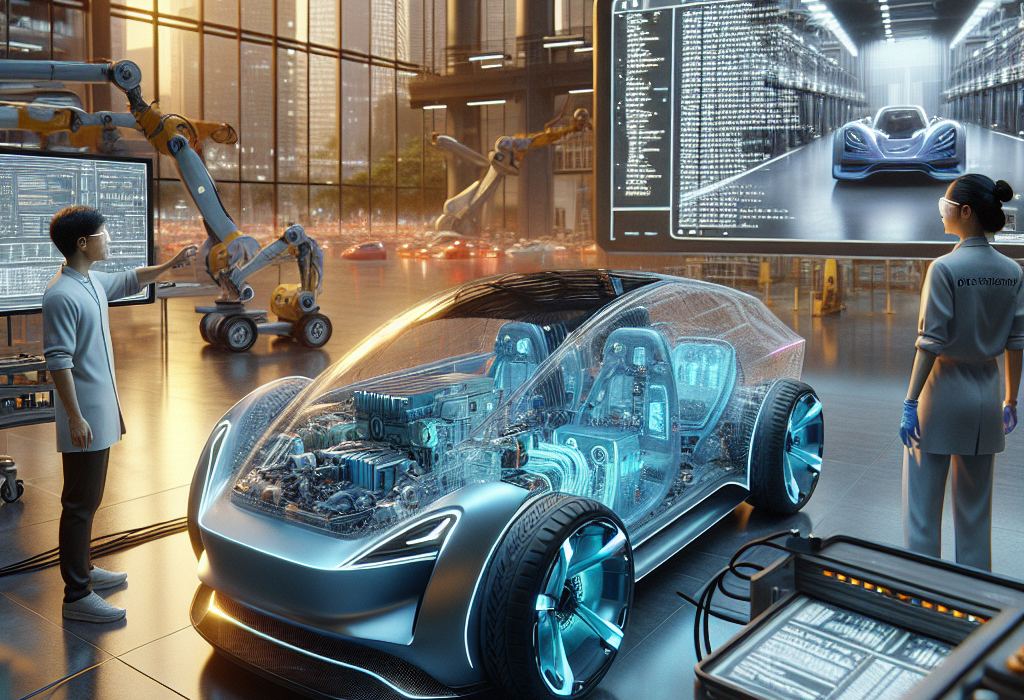 Một kỹ sư đang kiểm tra khối pin lithium-ion của một chiếc xe điện trong nhà xưởng công nghệ cao.