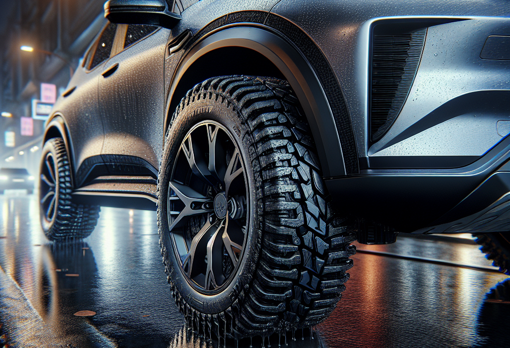 Cận cảnh ký hiệu 'XL' được in nổi trên thành lốp của một chiếc xe điện màu đen.