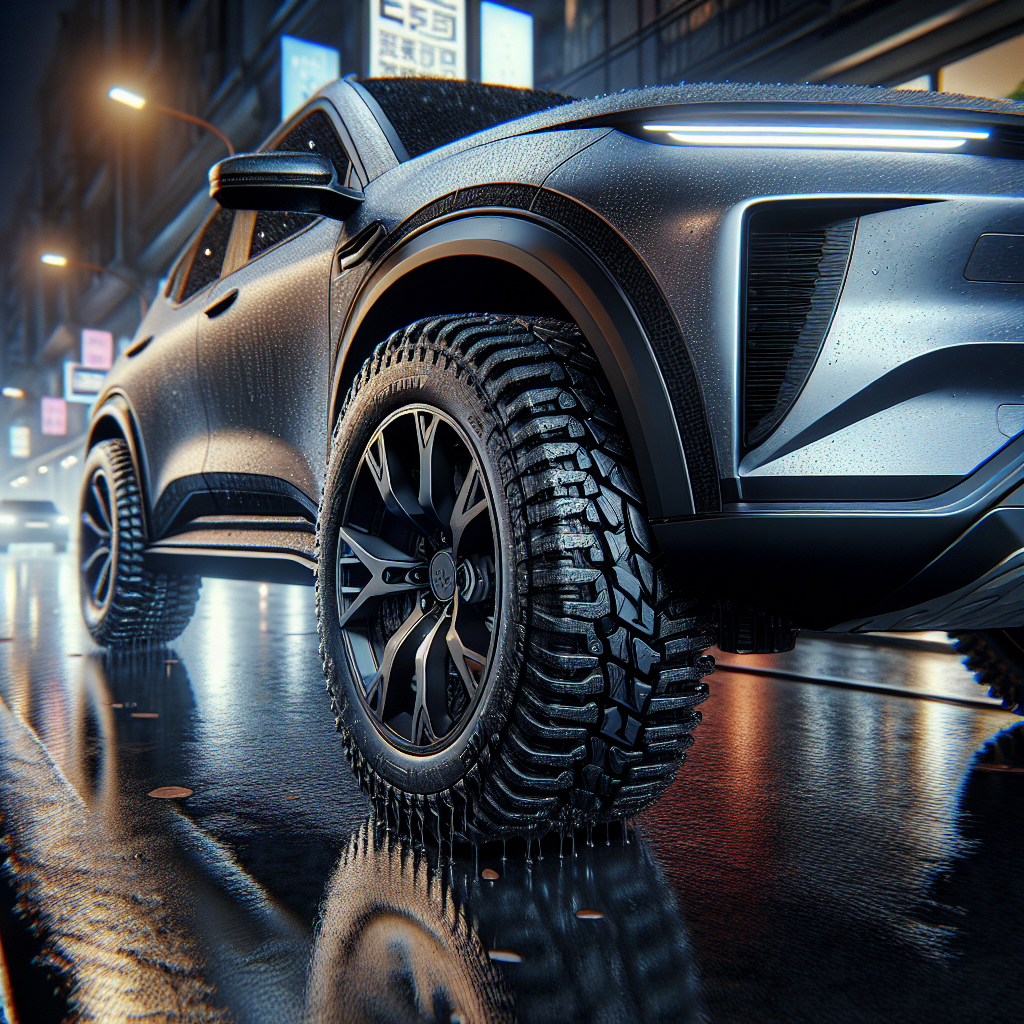 Cận cảnh ký hiệu 'XL' được in nổi trên thành lốp của một chiếc xe điện màu đen.