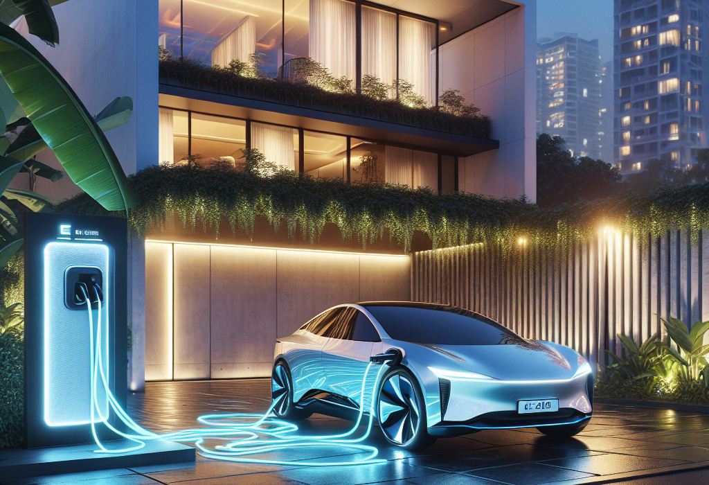 Một chiếc xe điện VinFast VF 9 màu trắng đang được cắm sạc vào bộ sạc hai chiều V2G, với các mũi tên đồ họa hiển thị dòng điện chạy từ xe trở lại một ngôi nhà và lưới điện thành phố.