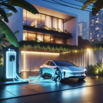 Một chiếc xe điện VinFast VF 9 màu trắng đang được cắm sạc vào bộ sạc hai chiều V2G, với các mũi tên đồ họa hiển thị dòng điện chạy từ xe trở lại một ngôi nhà và lưới điện thành phố.