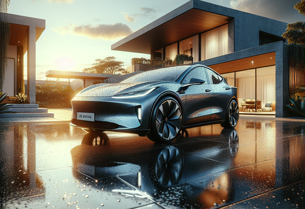 Cận cảnh nắp capo một chiếc xe điện màu đỏ đang được phủ ceramic, bề mặt sơn bóng loáng phản chiếu ánh đèn trong xưởng detailing.