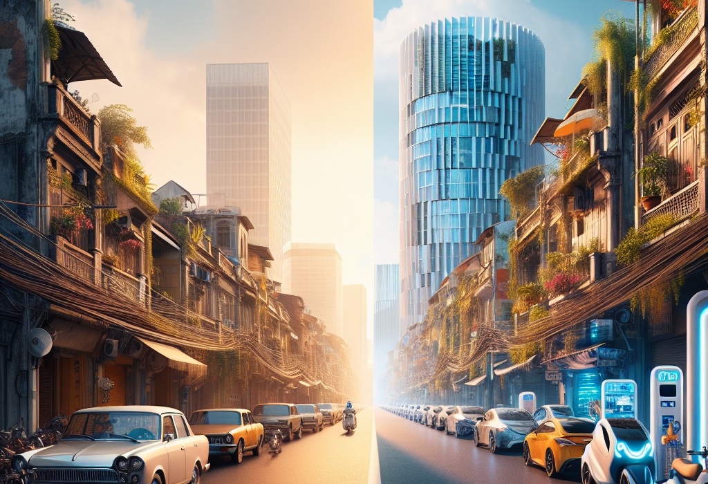 Một chiếc xe điện hiện đại đang được cắm sạc tại một trạm sạc công cộng vào buổi tối, với ánh đèn thành phố làm nền.