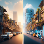 Một chiếc xe điện hiện đại đang được cắm sạc tại một trạm sạc công cộng vào buổi tối, với ánh đèn thành phố làm nền.