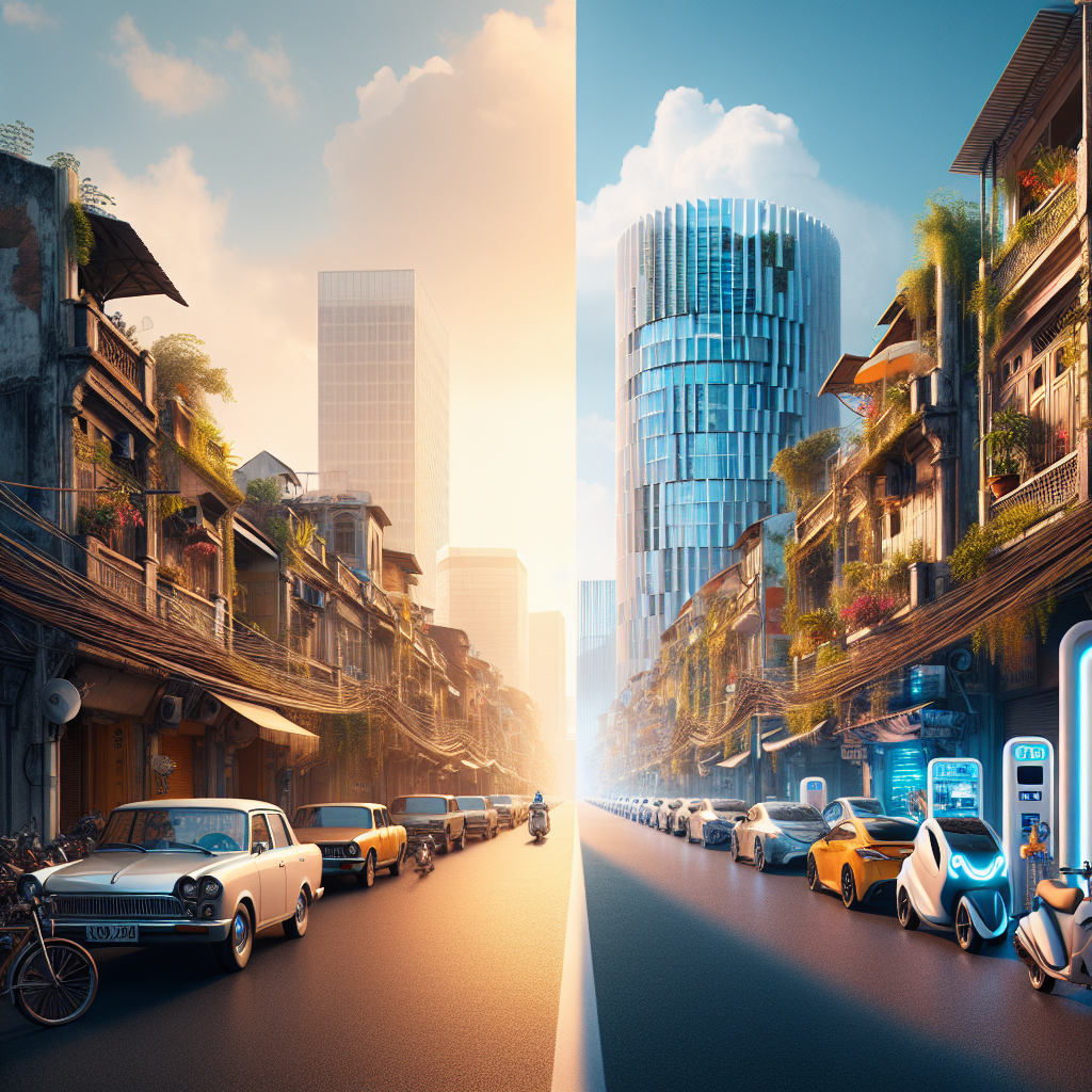 Một chiếc xe điện hiện đại đang được cắm sạc tại một trạm sạc công cộng vào buổi tối, với ánh đèn thành phố làm nền.