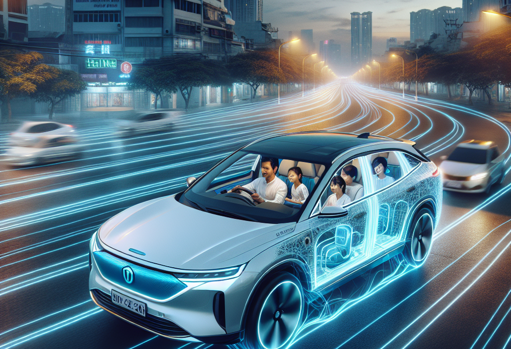 Một chiếc xe điện hiện đại đang được sạc, với các đường đồ họa mô phỏng sóng điện từ (EMF) phát ra một cách an toàn.