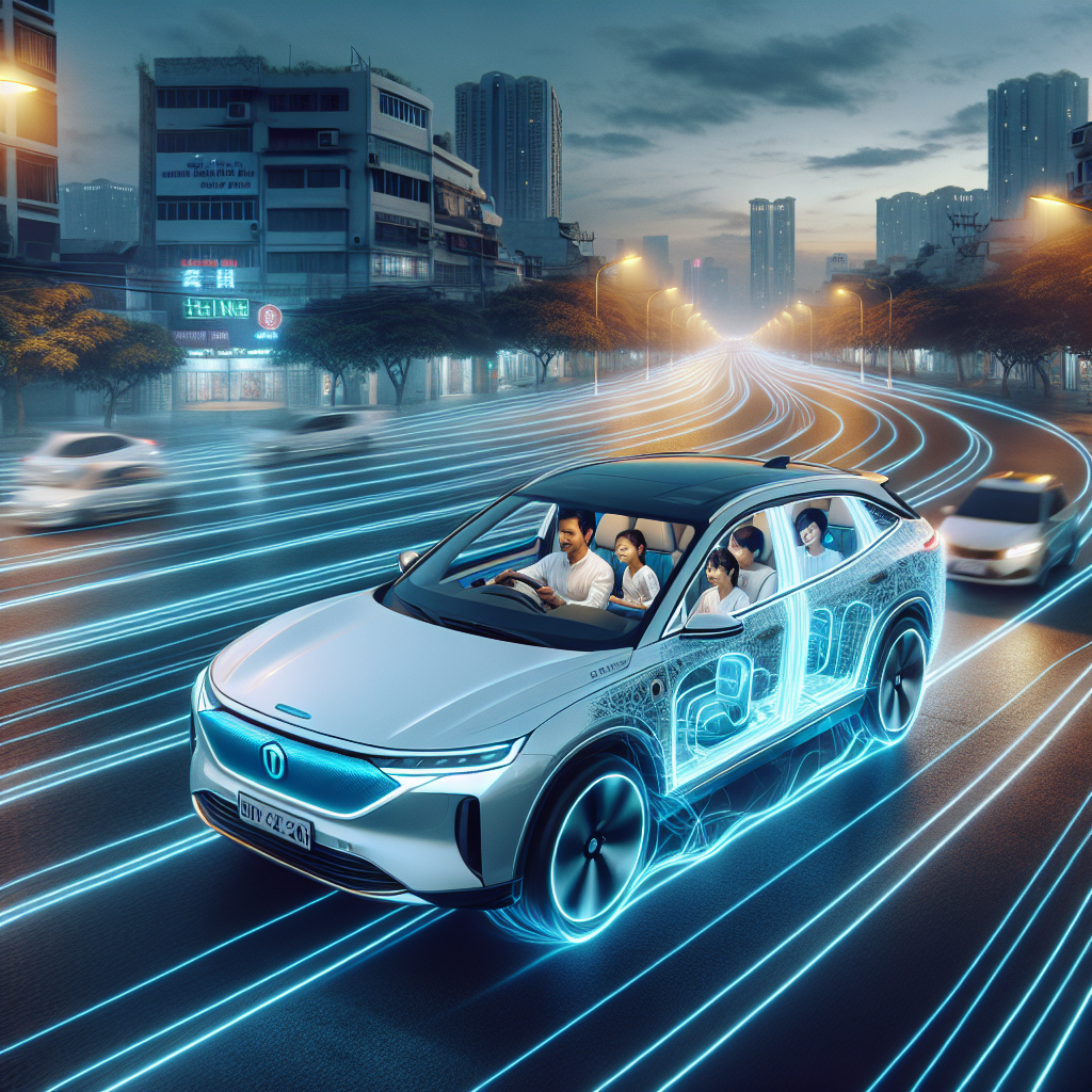 Một chiếc xe điện hiện đại đang được sạc, với các đường đồ họa mô phỏng sóng điện từ (EMF) phát ra một cách an toàn.