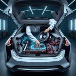 Hệ thống loa subwoofer cao cấp được lắp đặt trong cốp một chiếc xe điện, ánh sáng nội thất màu xanh nổi bật.