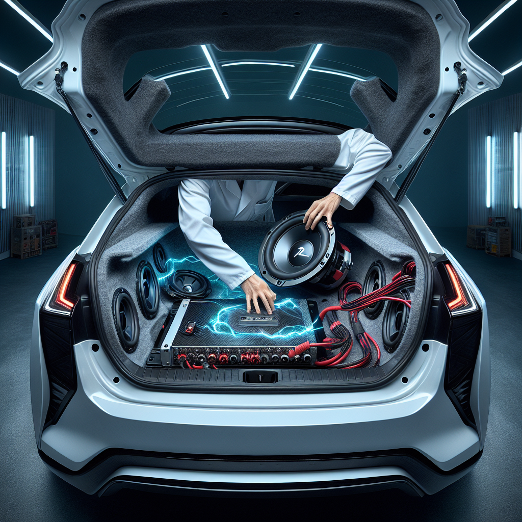 Hệ thống loa subwoofer cao cấp được lắp đặt trong cốp một chiếc xe điện, ánh sáng nội thất màu xanh nổi bật.