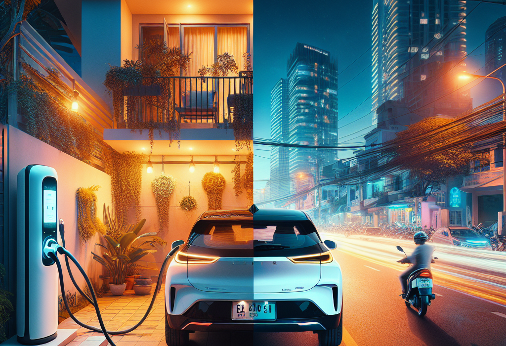 Một chiếc xe điện VinFast đang được sạc tại trạm sạc công cộng vào ban đêm.