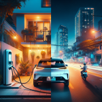 Một chiếc xe điện VinFast đang được sạc tại trạm sạc công cộng vào ban đêm.