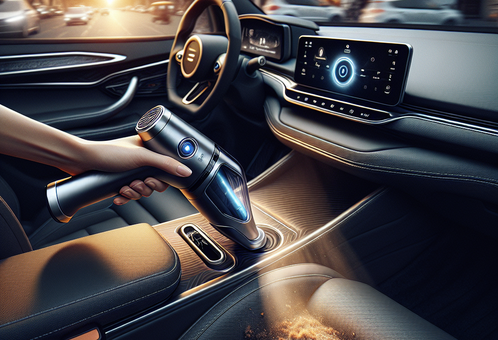 Nội thất một chiếc xe điện hiện đại với máy hút bụi mini màu đen đang được sử dụng trên ghế da.