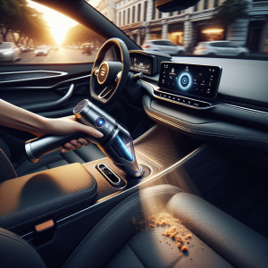 Nội thất một chiếc xe điện hiện đại với máy hút bụi mini màu đen đang được sử dụng trên ghế da.