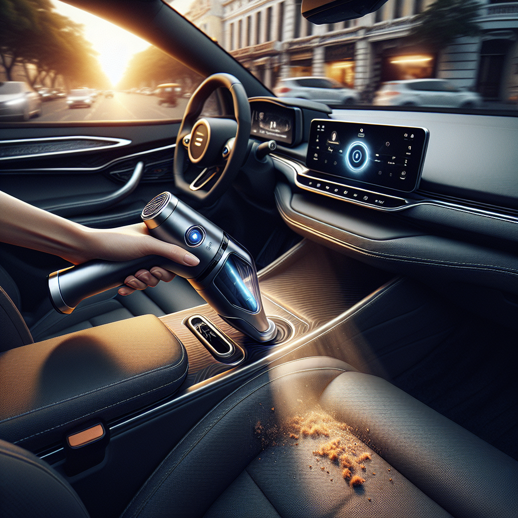 Nội thất một chiếc xe điện hiện đại với máy hút bụi mini màu đen đang được sử dụng trên ghế da.