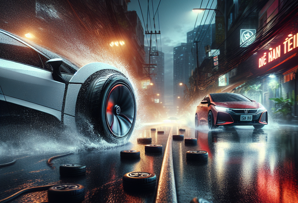 Cận cảnh một chiếc lốp xe điện chuyên dụng đang lăn trên đường nhựa, cho thấy chi tiết bề mặt gai lốp.