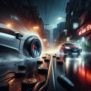 Cận cảnh một chiếc lốp xe điện chuyên dụng đang lăn trên đường nhựa, cho thấy chi tiết bề mặt gai lốp.