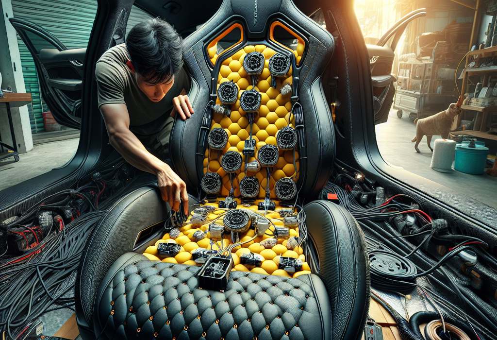 Cận cảnh ghế da ô tô màu đen được đục lỗ, tích hợp sẵn tính năng làm mát và massage, với các nút điều khiển bên hông.