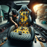 Cận cảnh ghế da ô tô màu đen được đục lỗ, tích hợp sẵn tính năng làm mát và massage, với các nút điều khiển bên hông.