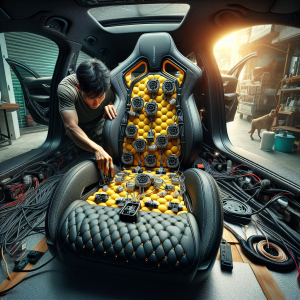 Cận cảnh ghế da ô tô màu đen được đục lỗ, tích hợp sẵn tính năng làm mát và massage, với các nút điều khiển bên hông.