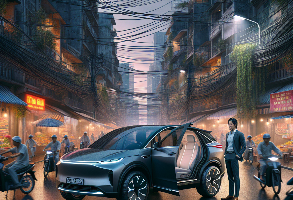 Một kỹ thuật viên đang dùng đồng hồ đo điện áp để kiểm tra ắc quy 12V được đặt dưới nắp capo của một chiếc xe điện màu trắng.