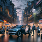 Một kỹ thuật viên đang dùng đồng hồ đo điện áp để kiểm tra ắc quy 12V được đặt dưới nắp capo của một chiếc xe điện màu trắng.