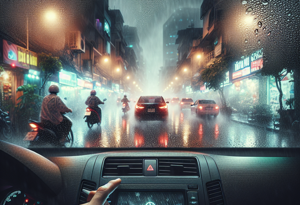 Một người đang ngồi trong xe ô tô, nhìn qua kính lái bị hấp hơi mờ đục, với luồng gió từ điều hòa đang làm trong một vùng kính.