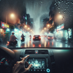 Một người đang ngồi trong xe ô tô, nhìn qua kính lái bị hấp hơi mờ đục, với luồng gió từ điều hòa đang làm trong một vùng kính.