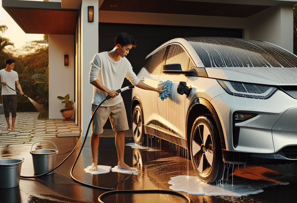 Một người đang dùng khăn microfiber màu xanh lau khô khu vực cổng sạc trên một chiếc xe điện màu xám sau khi rửa.